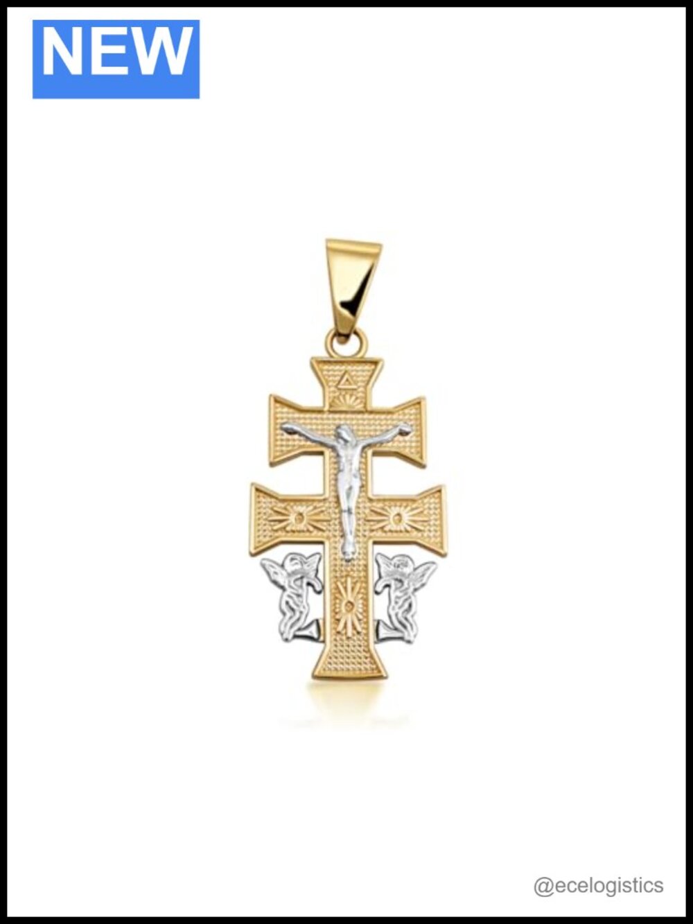 Caravaca Double Cross Crucifix Necklace Solid Gold Pendant